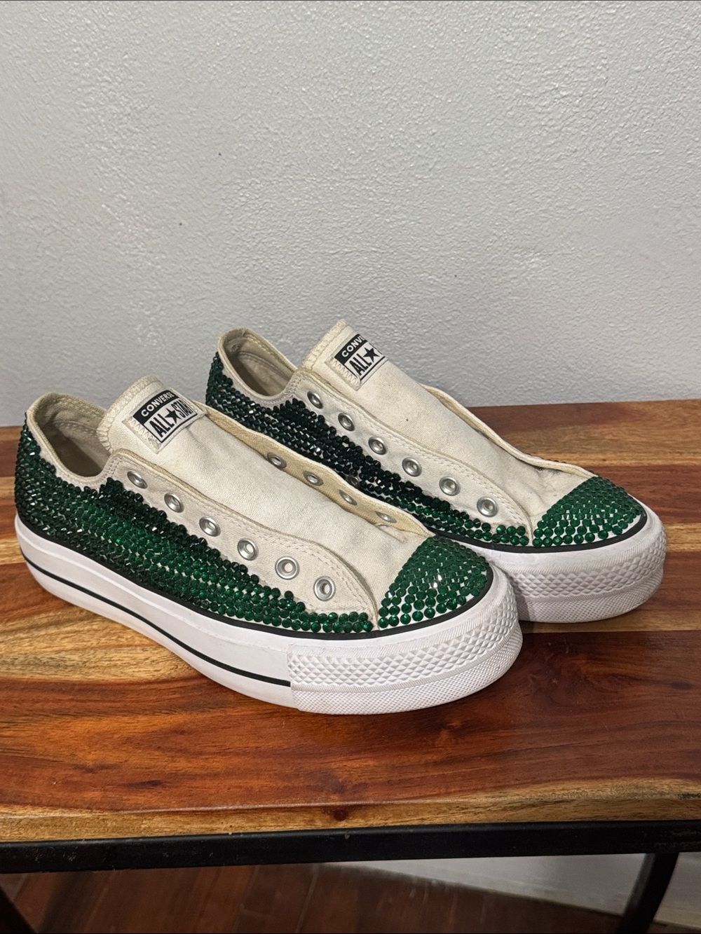 Custom Emerald Green Rhinestone Converse Lift Platform Low Tops Size 10